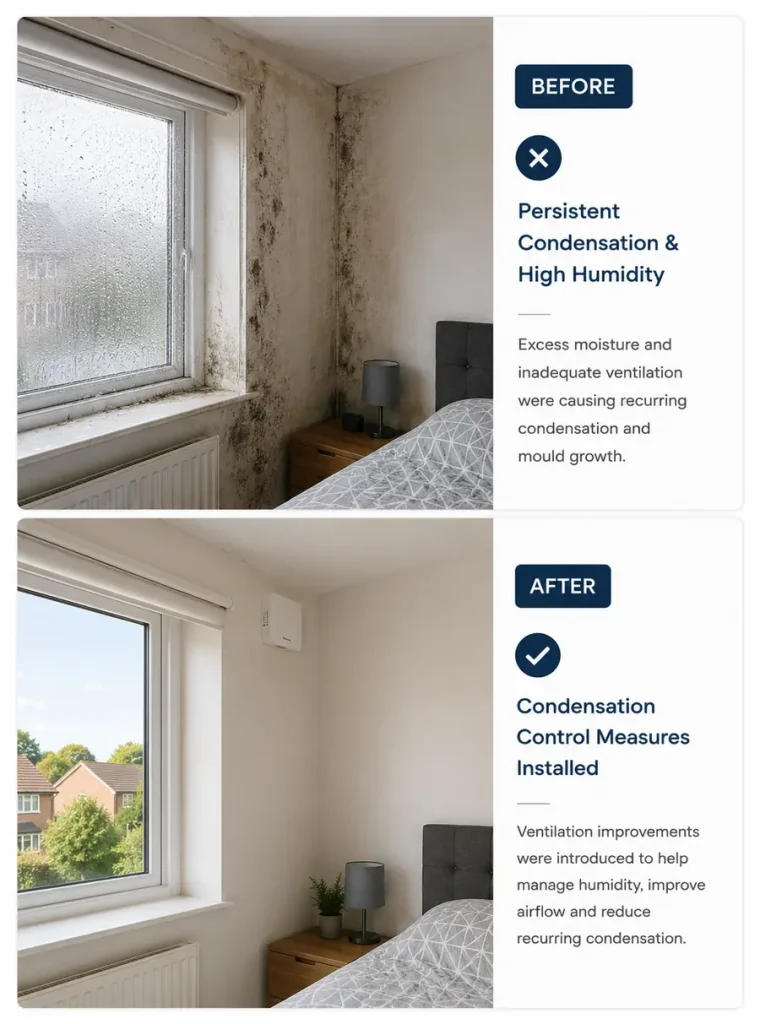 Before and after condensation control showing window condensation and mould followed by a dry room with improved ventilation
