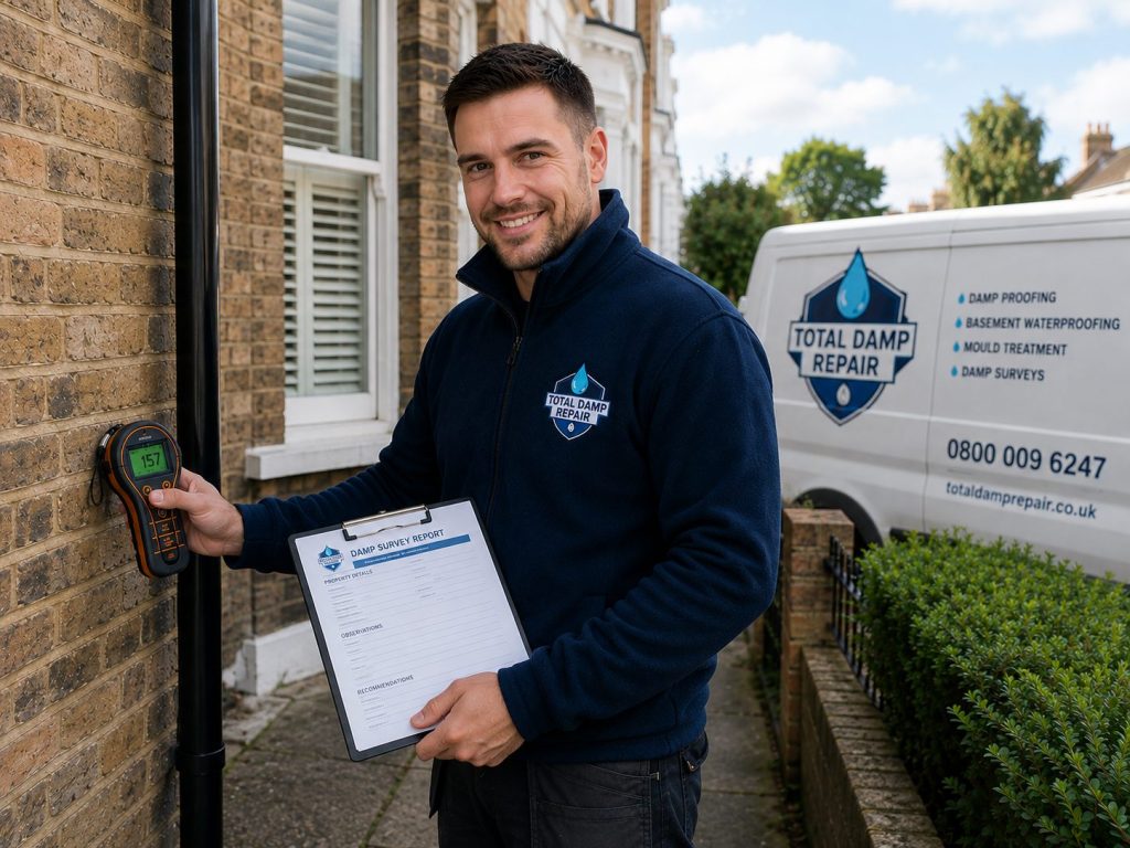 Damp surveyor in London carrying out an external property inspection using a professional moisture meter Caption: Total Damp Repair surveyor car