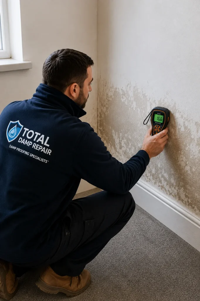 Damp surveyor using a moisture meter to test a damp wall in a London property